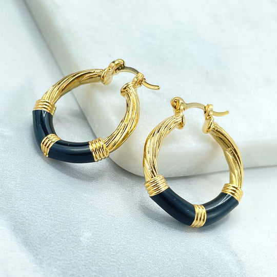 18k Gold Filled Black Enamel Details 27mm Twist Hoops Earrings