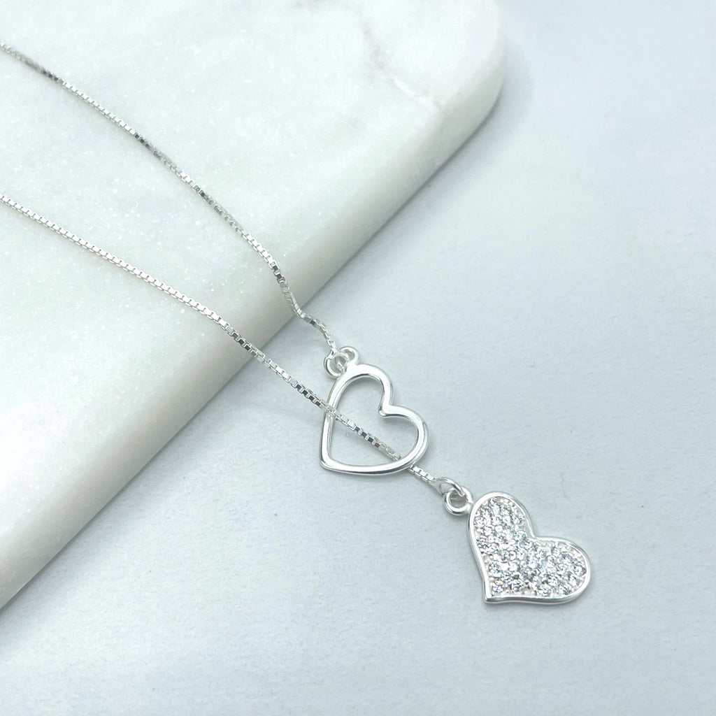 925 Sterling Silver 1mm Box Chain CZ Heart & Cutout Heart Charms Lariat Necklace
