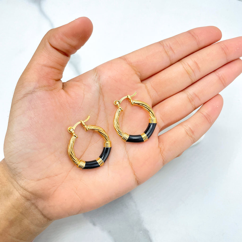 18k Gold Filled Black Enamel Details 27mm Twist Hoops Earrings