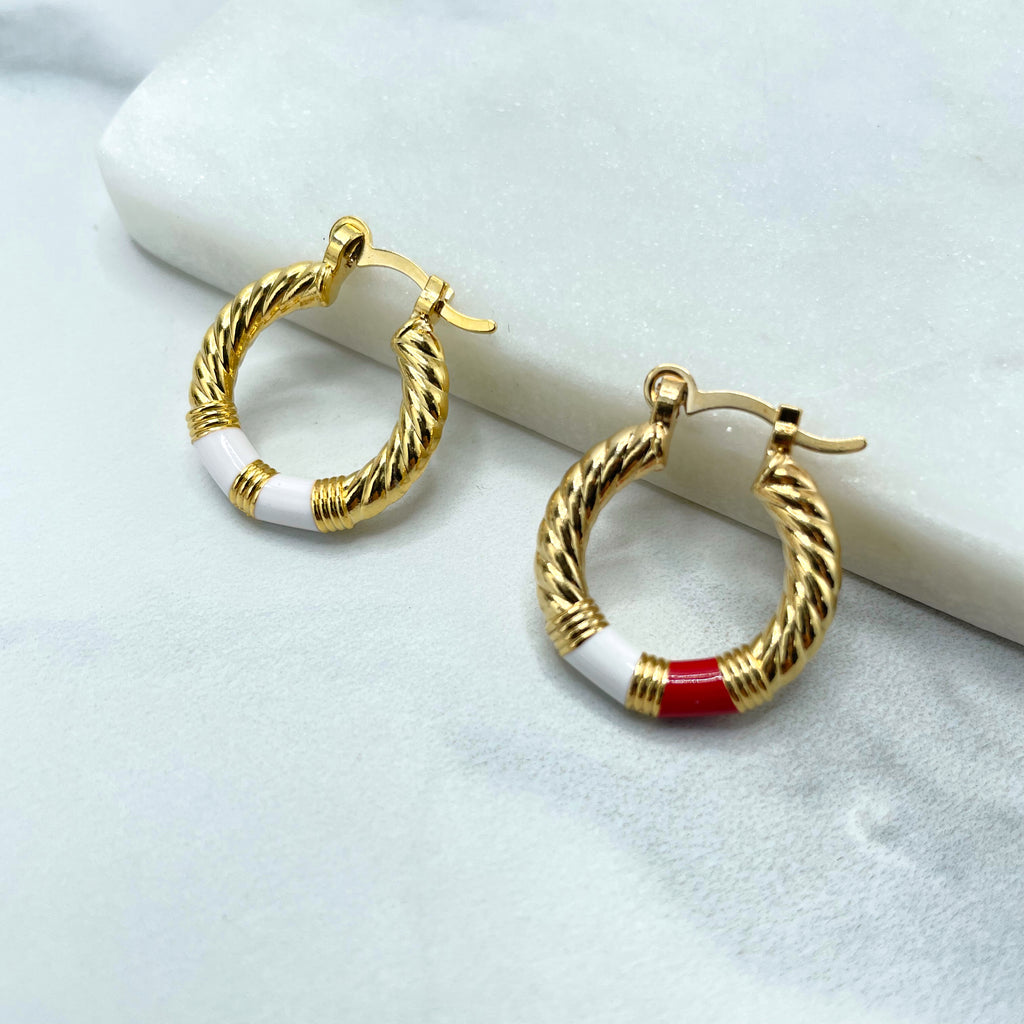 18k Gold Filled White or Red Enamel Details 21mm Twist Hoops Earrings