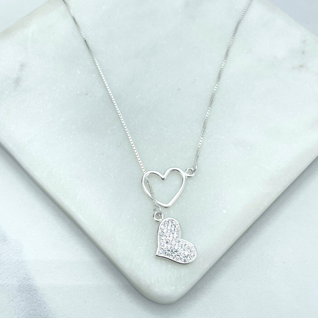 925 Sterling Silver 1mm Box Chain CZ Heart & Cutout Heart Charms Lariat Necklace