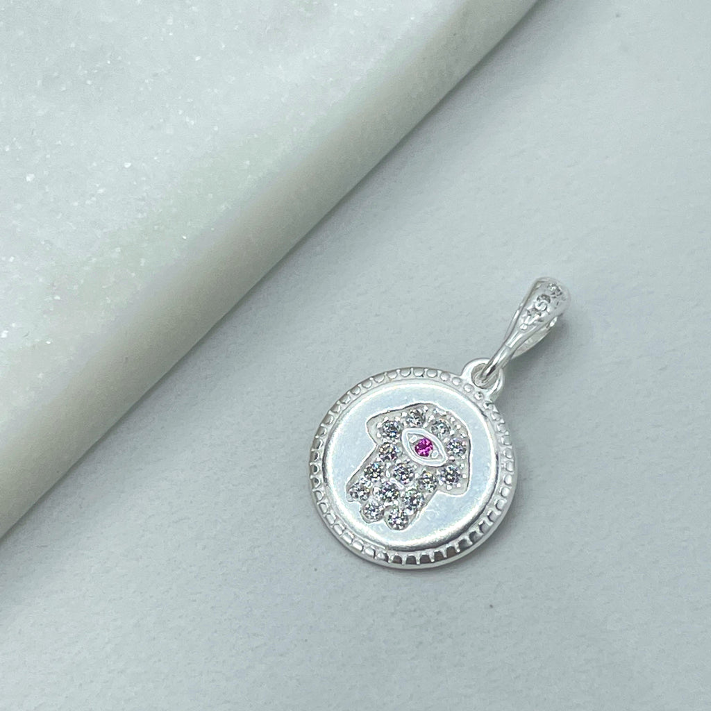 925 Sterling Silver Clear & Pink Micro Cubic Zirconia Hamsa Hand Medal Charm