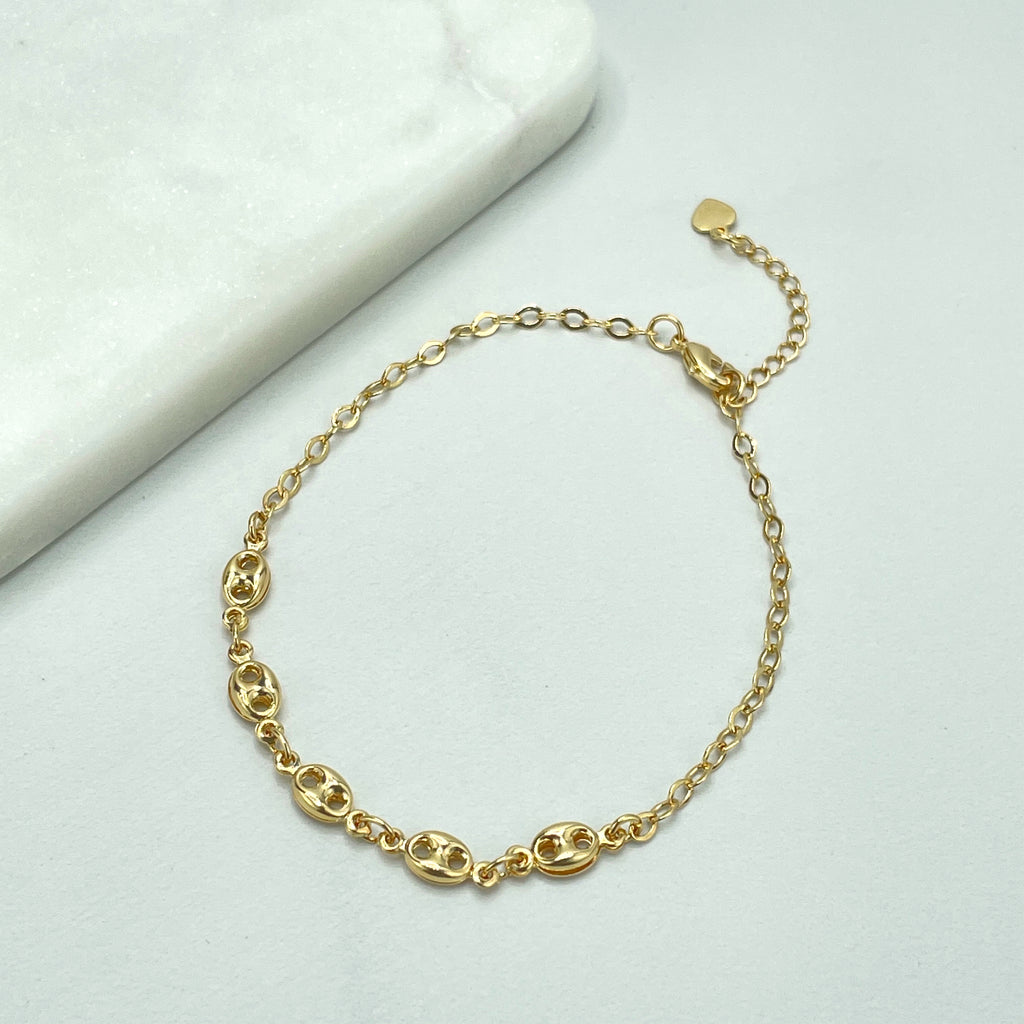 18k Gold Filled Rolo Chain & Front Puff Mariner Link Chain Necklace or Bracelet SET