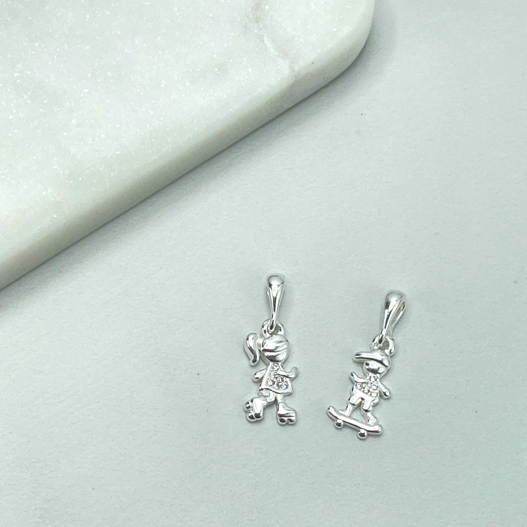 925 Sterling Silver CZ Girl with Rollerblades Charm or CZ Boy with Skateboard Charm