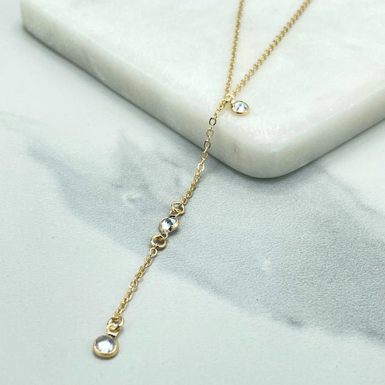 18k Gold Filled 1mm Rolo Chain with Clear Cubic Zirconia Detail and Long Drop Necklace