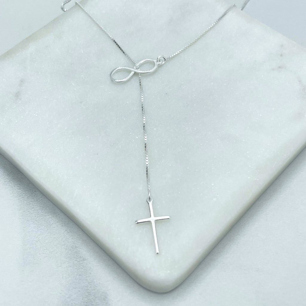 925 Sterling Silver 1mm Box Chain with Cross & Infinity Charms Lariat Necklace