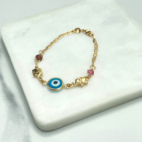 18k Gold Filled Mariner Link Chain with Evil Eye, Elephants Charms and Red Beads Bracelet