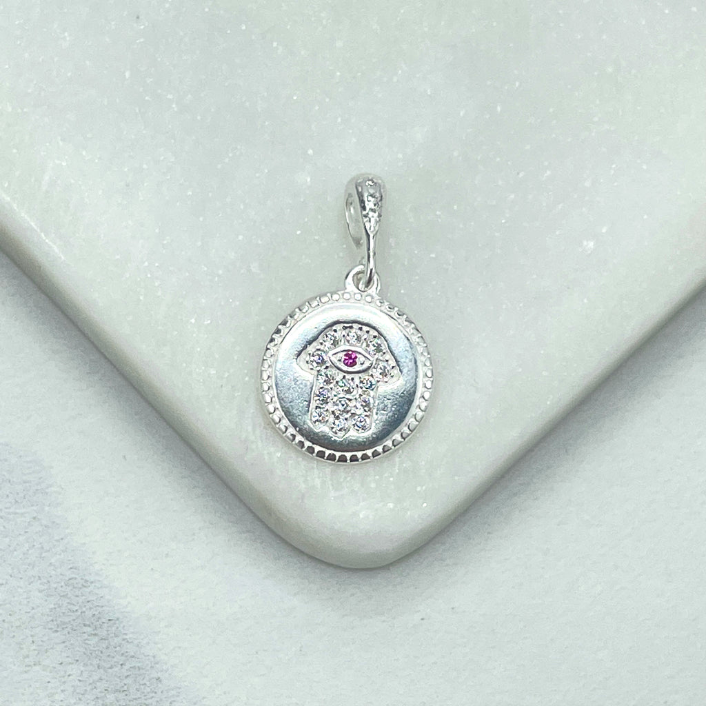925 Sterling Silver Clear & Pink Micro Cubic Zirconia Hamsa Hand Medal Charm
