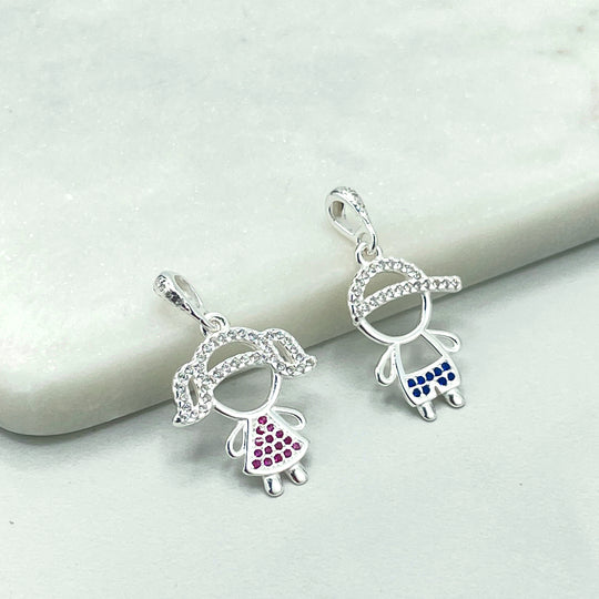 925 Sterling Silver Pink Micro CZ Girl Charm or Blue Micro CZ Boy Charm