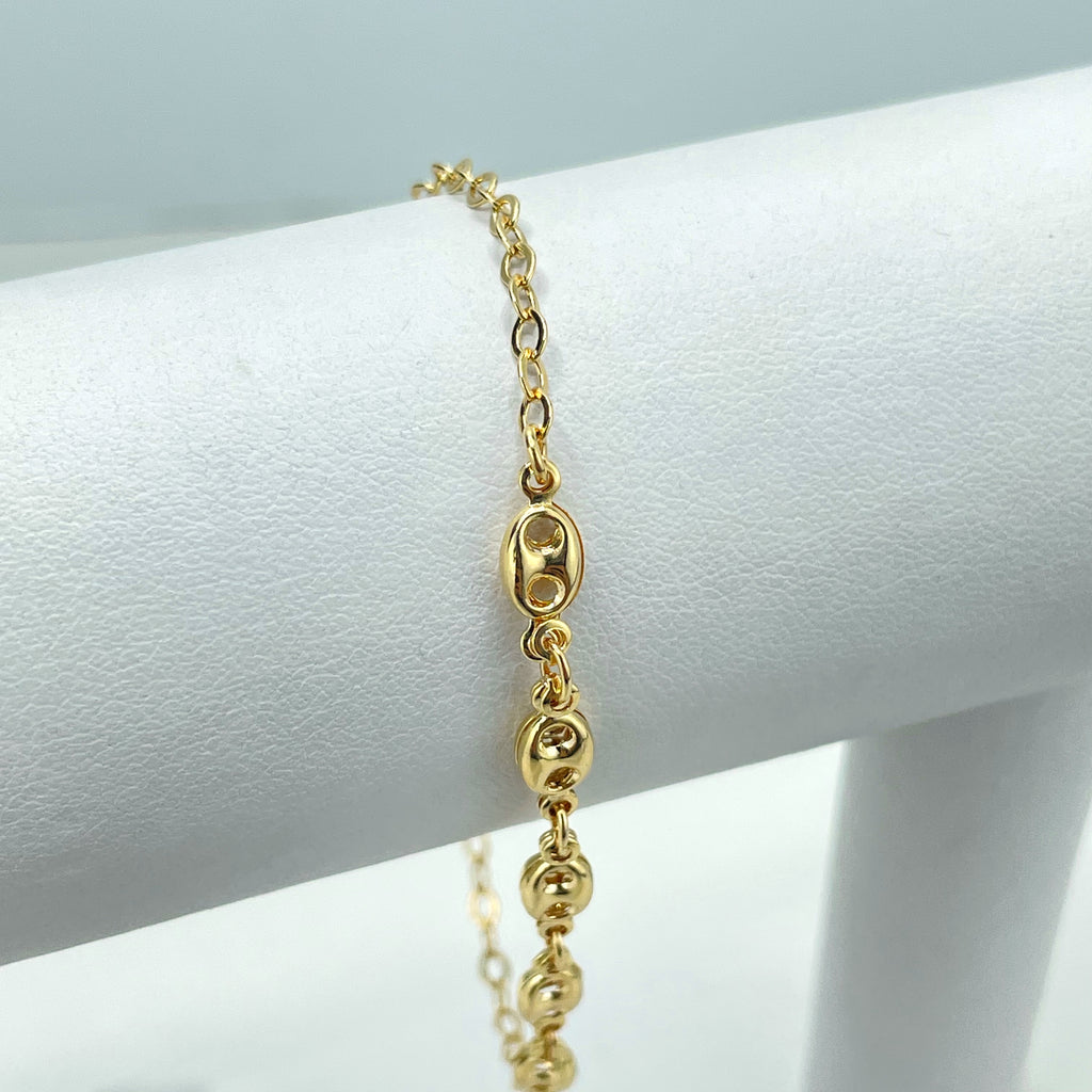 18k Gold Filled Rolo Chain & Front Puff Mariner Link Chain Necklace or Bracelet SET