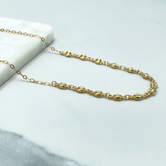 18k Gold Filled Rolo Chain & Front Puff Mariner Link Chain Necklace or Bracelet SET