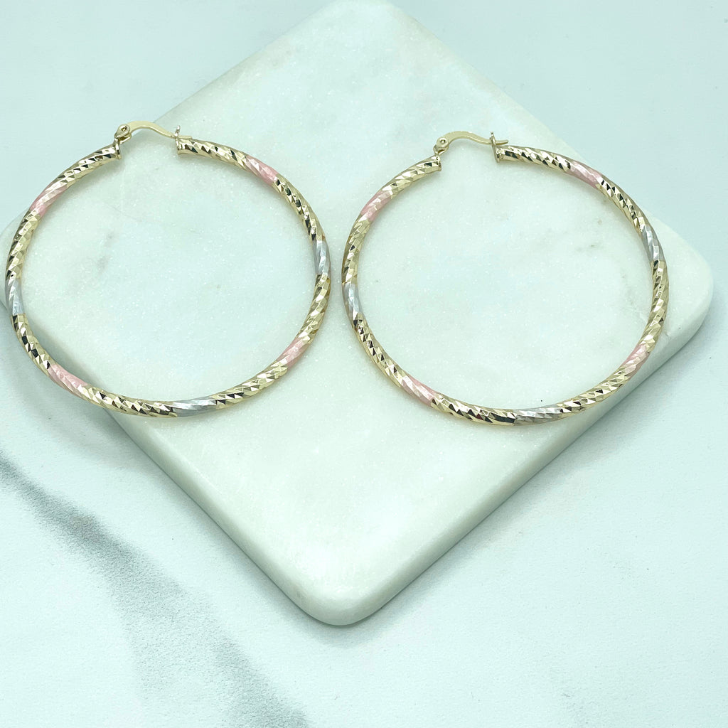 18k Gold Filled Three Tone Two Sizes Hoops Earrings