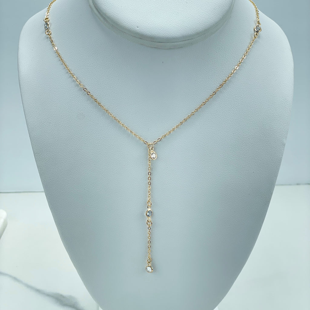 18k Gold Filled 1mm Rolo Chain with Clear Cubic Zirconia Detail and Long Drop Necklace