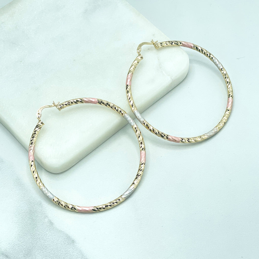 18k Gold Filled Three Tone Two Sizes Hoops Earrings