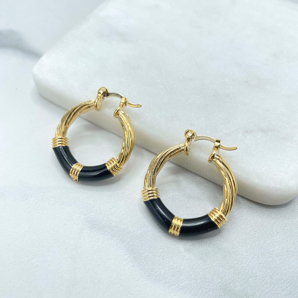 18k Gold Filled Black Enamel Details 27mm Twist Hoops Earrings