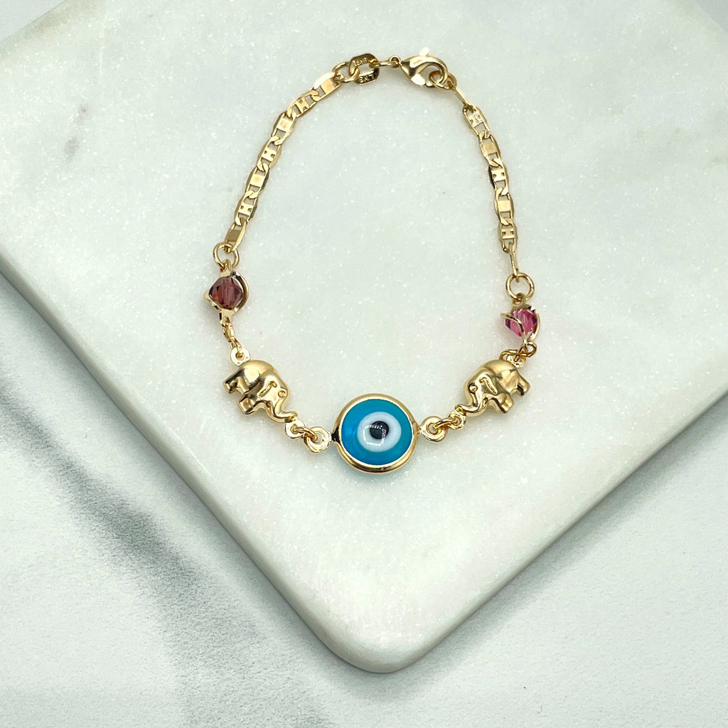 18k Gold Filled Mariner Link Chain with Evil Eye, Elephants Charms and Red Beads Bracelet