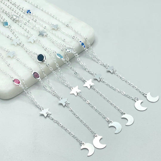 925 Sterling Silver 1mm Rolo Chain Star, Moon Charms & Colorful Acrylic Beads