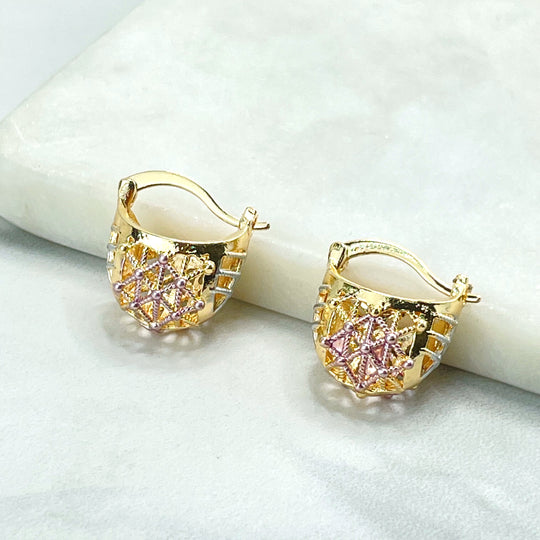 18k Gold Filled Tree Tone, Thee Color 19mm Basket Design with Balls Hoop Earrings