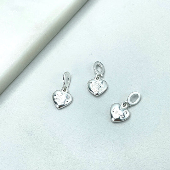925 Sterling Silver Petite Puffed Heart Shape Charms with Cubic Zirconia