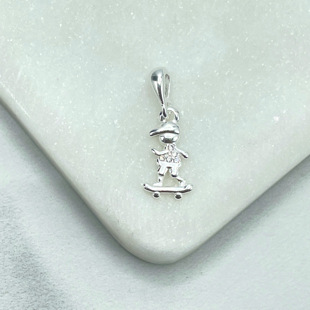 925 Sterling Silver CZ Girl with Rollerblades Charm or CZ Boy with Skateboard Charm