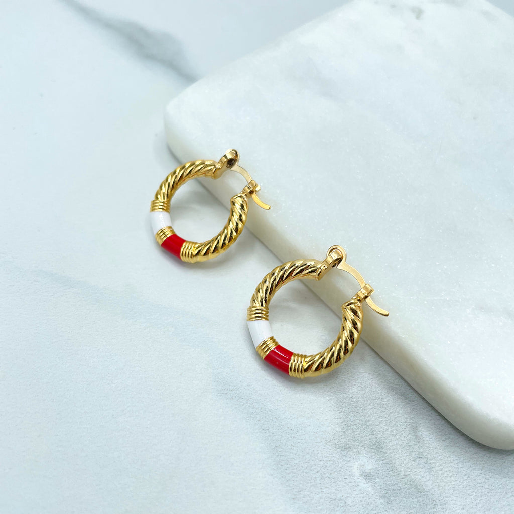 18k Gold Filled White or Red Enamel Details 21mm Twist Hoops Earrings