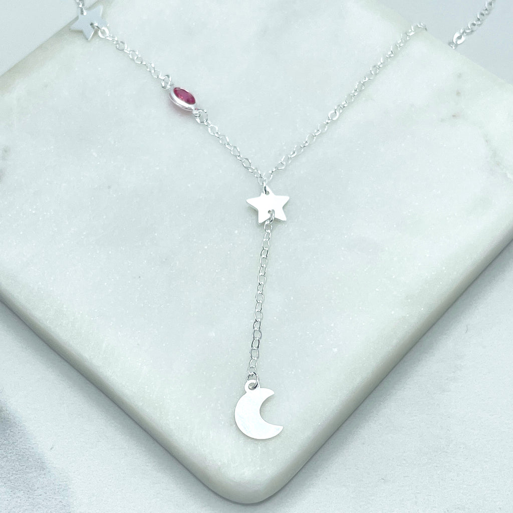 925 Sterling Silver 1mm Rolo Chain Star, Moon Charms & Colorful Acrylic Beads
