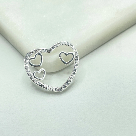 925 Sterling Silver Clear Micro Pave Cubic Zirconia Cutout Hearts Shape Charms Pendant, Hearts Inside or On the Side