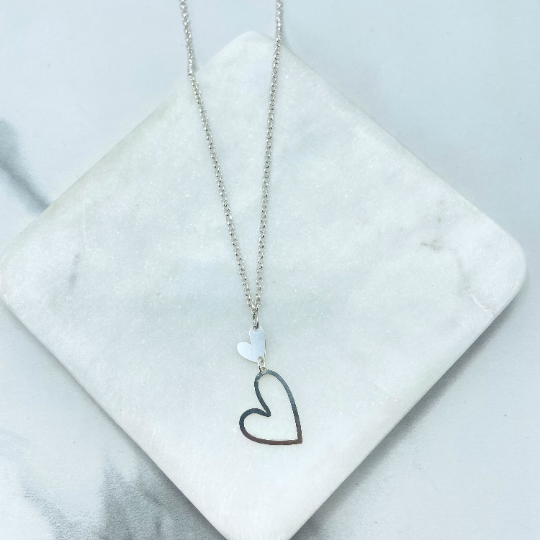 925 Sterling Silver 2mm Rolo Chain with Small Polished Heart & Medium Cutout Heart Dangle Charms Necklace