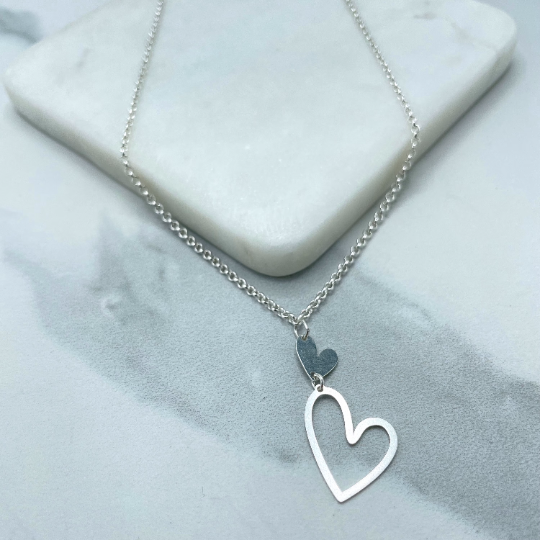 925 Sterling Silver 2mm Rolo Chain with Small Polished Heart & Medium Cutout Heart Dangle Charms Necklace