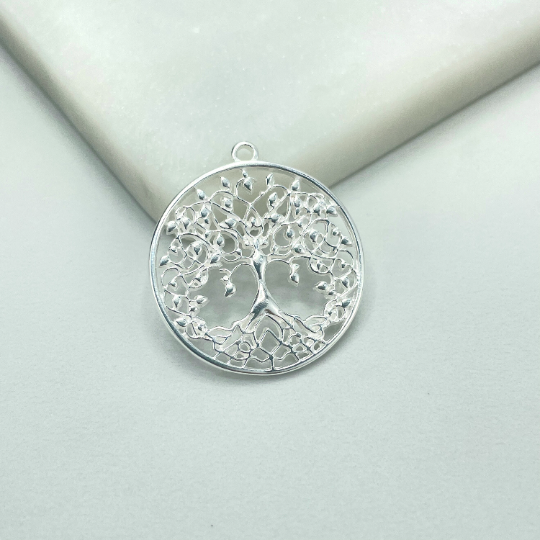 925 Sterling Silver Medal Medallion Circle Cutout Tree of Life Pendant Charm