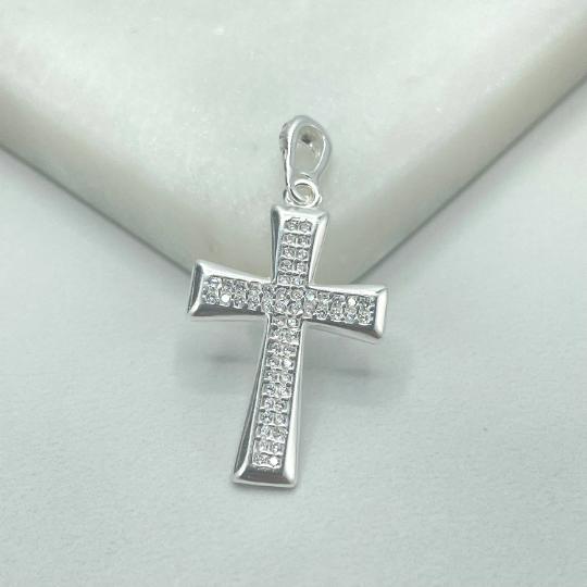 925 Sterling Silver Clear White Cubic Zirconia Cross Pendant Charm, Religious Jewelry