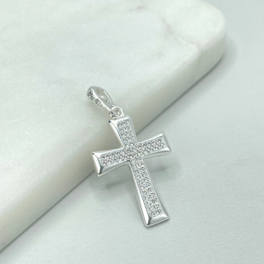 925 Sterling Silver Clear White Cubic Zirconia Cross Pendant Charm, Religious Jewelry