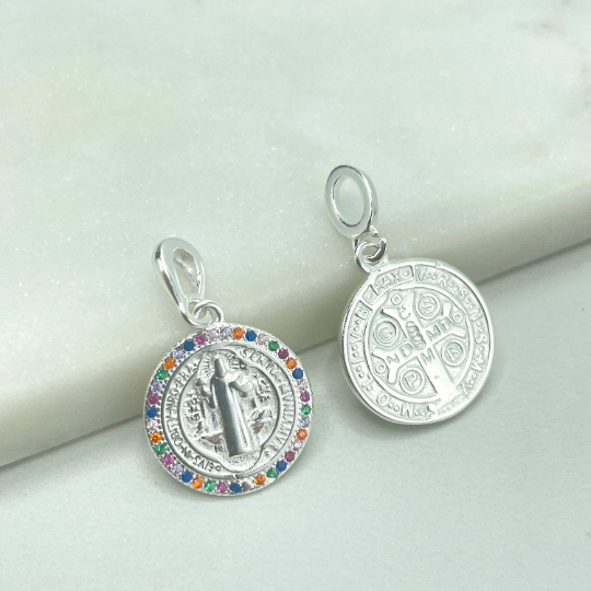 925 Sterling Silver Colored Micro CZ or Silver Saint Benedict Medal, San Benito Reversible Coin, 2 Sided Round Pendant Charms, Reversible San Benito, Catholic Jewelry, Wholesale Jewelry Making Supplies