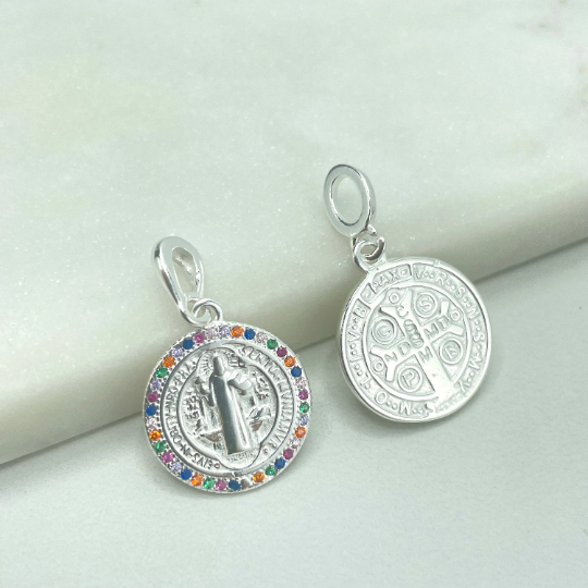 925 Sterling Silver Colored Micro CZ or Silver Saint Benedict Medal, San Benito Reversible Coin