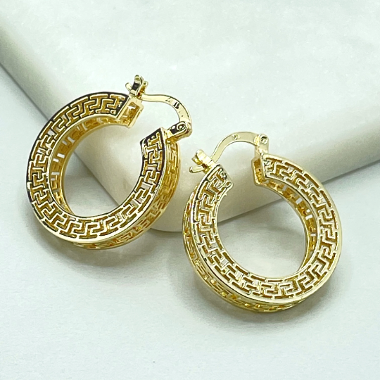18k Gold Filled Cutout Greek Key 25mm Tubular Hoops Style Earrings