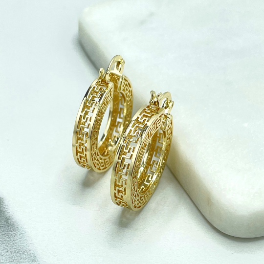 18k Gold Filled Cutout Greek Key 25mm Tubular Hoops Style Earrings