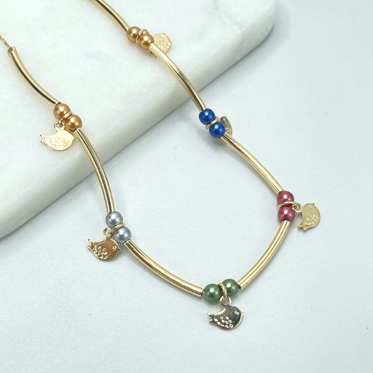 18k Gold Filled 2mm Tubular Chain with Colored Beads and Petite Birds Charms Anklet