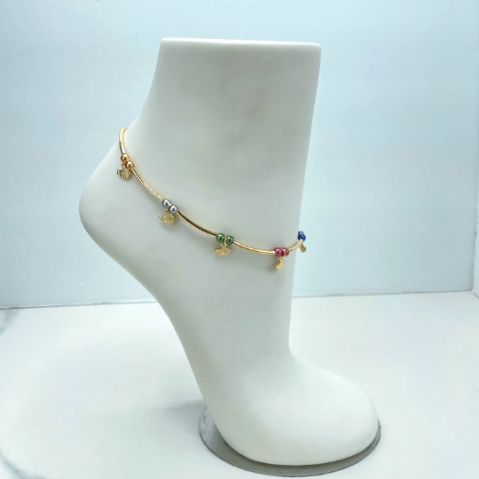 18k Gold Filled 2mm Tubular Chain with Colored Beads and Petite Birds Charms Anklet