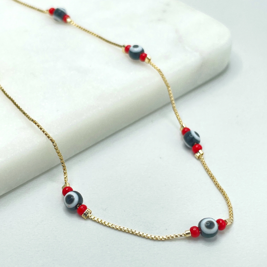 18k Gold Filled 1mm Box Chain, Red Reads and Black Evil Eyes Linked Anklet
