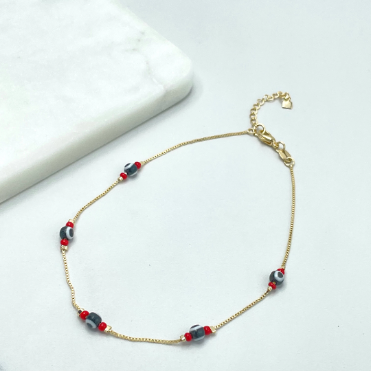 18k Gold Filled 1mm Box Chain, Red Reads and Black Evil Eyes Linked Anklet