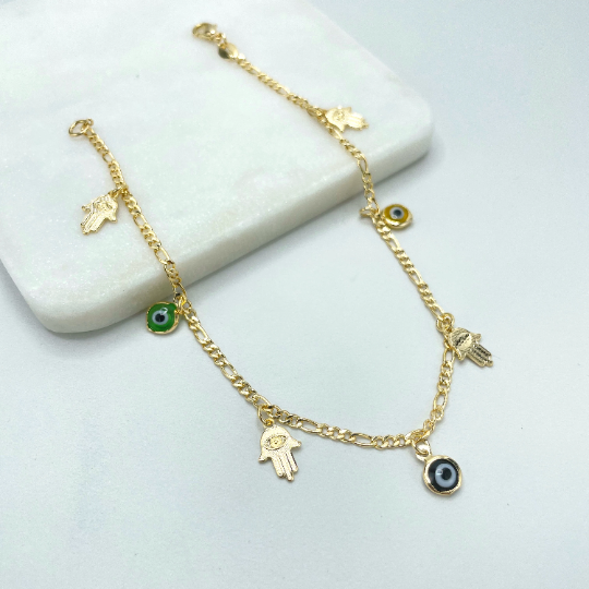 18k Gold Filled 2mm Figaro Chain, Dangle Hamsa Hand with Stamped Evil Eye & Colored Black
