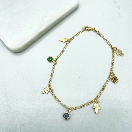 18k Gold Filled 2mm Figaro Chain, Dangle Hamsa Hand with Stamped Evil Eye & Colored Black, Green and Yellow Evil Eyes Anklet, Wholesale