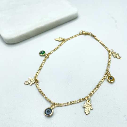 18k Gold Filled 2mm Figaro Chain, Dangle Hamsa Hand with Stamped Evil Eye & Colored Black