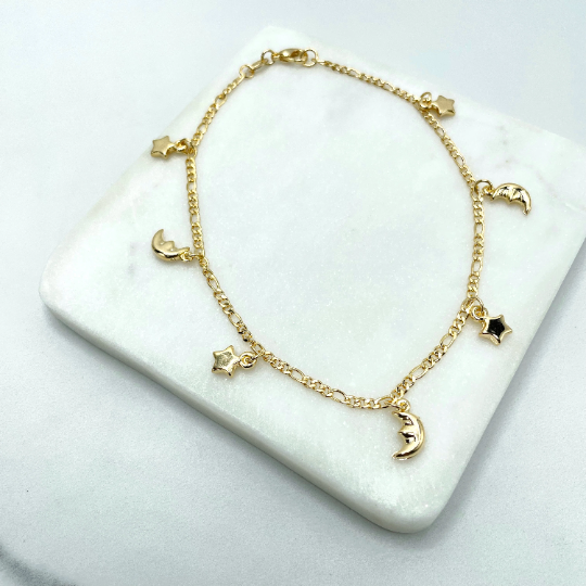 18k Gold Filled 2mm Figaro Chain, Dangle Puffed Stars & Half Moons Charms Linked Anklet, Wholesale