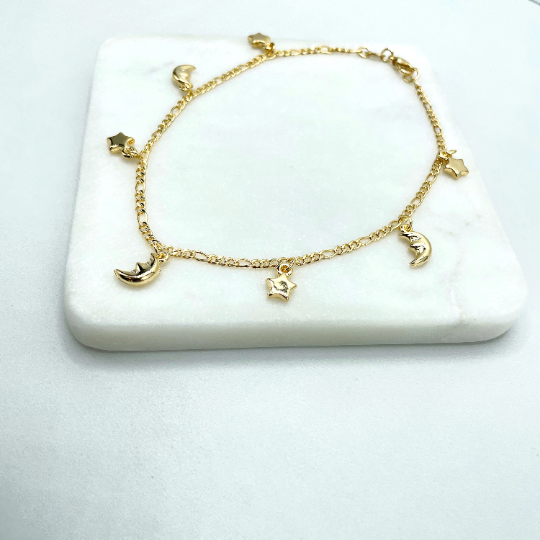 18k Gold Filled 2mm Figaro Chain, Dangle Puffed Stars & Half Moons Charms Linked Anklet, Wholesale