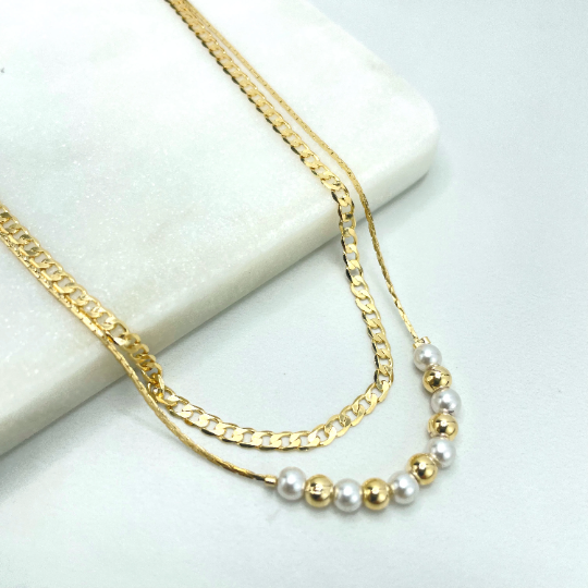 18k Gold Filled Double Chain, Two Layers Anklet, Curb Link Chain & Snake Chain with Beads Anklet, Wholesale