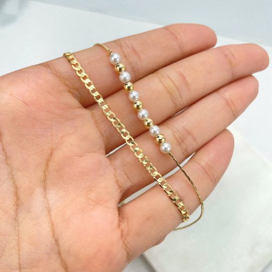 18k Gold Filled Double Chain, Two Layers Anklet, Curb Link Chain & Snake Chain with Beads Anklet, Wholesale