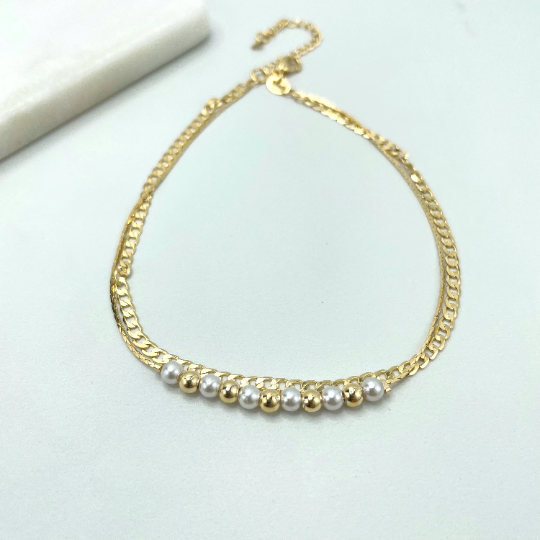 18k Gold Filled Double Chain, Two Layers Anklet, Curb Link Chain & Snake Chain with Beads Anklet, Wholesale
