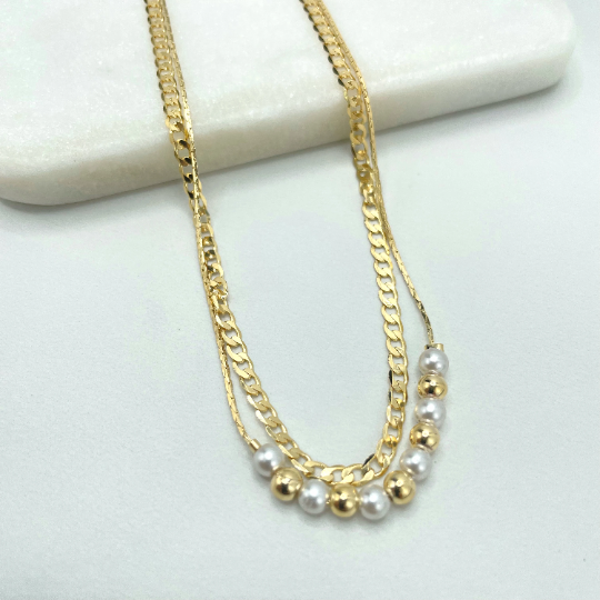 18k Gold Filled Double Chain, Two Layers Anklet, Curb Link Chain & Snake Chain with Beads Anklet, Wholesale