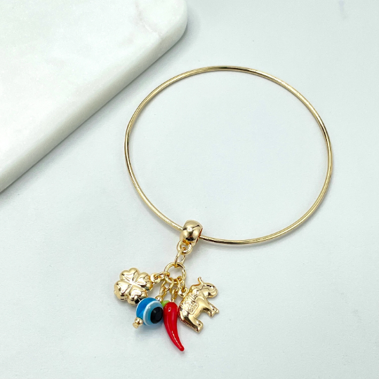 18k Gold Filled Bangle Bracelet, with Dangle Gold Puffed Elephant and Clover, Red Chili & Blue Evil Eye Charms, Wholesale